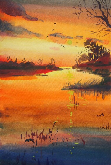 Painting titled "Sunset Over the Riv…" by Elena Kondrateva, Original Artwork, Watercolor