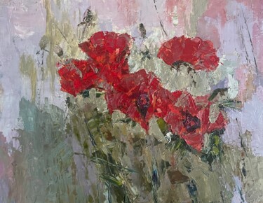 Painting titled "Red flowers" by Elena Kovalskaya, Original Artwork, Oil