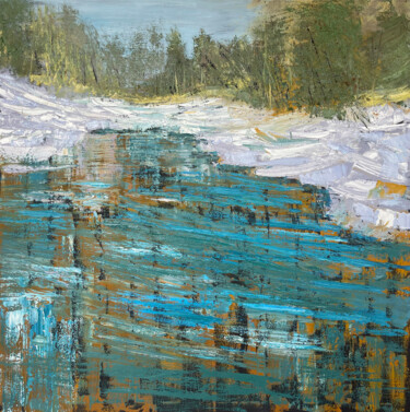 Painting titled "100Blue lake" by Elena Kovalskaya, Original Artwork, Oil