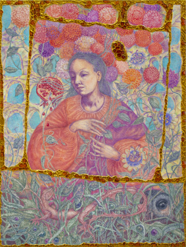Картина под названием "Внутри граната" - Елена Козачук, Подлинное произведение искусства, Цветные карандаши