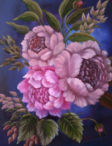 Pittura intitolato "Evening flowers" da Elena Kozyutenko, Opera d'arte originale, Olio