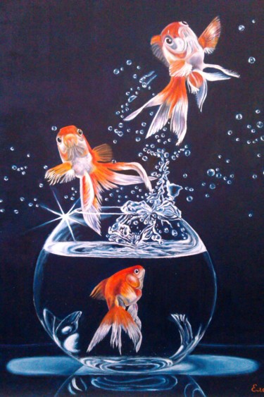 Pittura intitolato "Goldfish Freedom" da Elena Kozyutenko, Opera d'arte originale, Olio