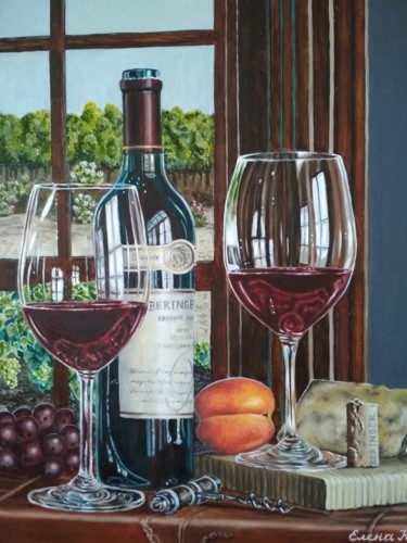 Painting titled "Wine still life wit…" by Elena Kozyutenko, Original Artwork, Oil