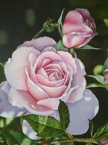 Schilderij getiteld "Rose in the garden" door Elena Kozyutenko, Origineel Kunstwerk, Olie