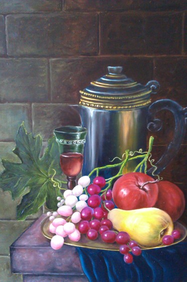 Painting titled "Wine and fruit" by Elena Kozyutenko, Original Artwork, Oil