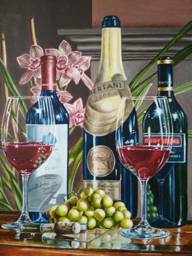 Wine still life with green grapes Peinture intitulée "Wine still life wit…" par Елена Козютенко, Œuvre d'art originale, Huile