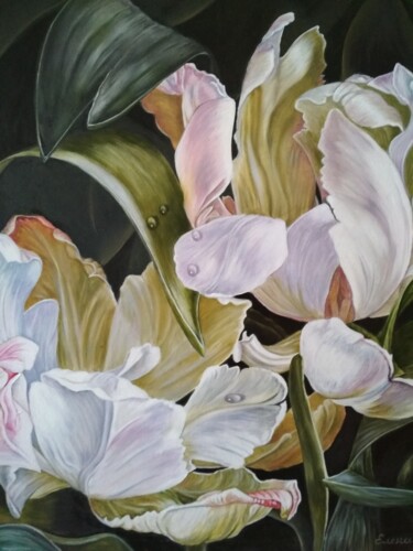 Painting titled "Delicate tulips" by Elena Kozyutenko, Original Artwork, Oil
