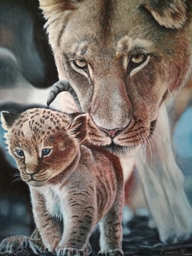 Painting titled "Lioness and lion cub" by Elena Kozyutenko, Original Artwork, Oil