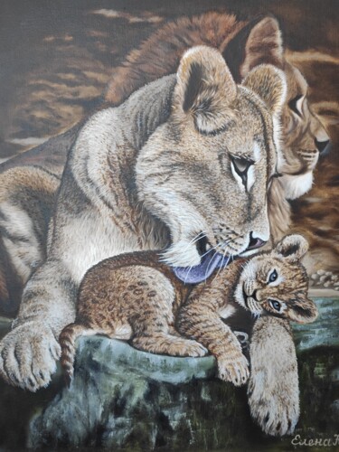Pittura intitolato "Lion family" da Elena Kozyutenko, Opera d'arte originale, Olio