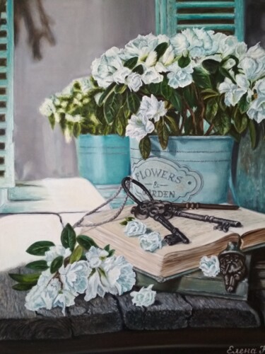 Painting titled "Turquoise still life" by Elena Kozyutenko, Original Artwork, Oil