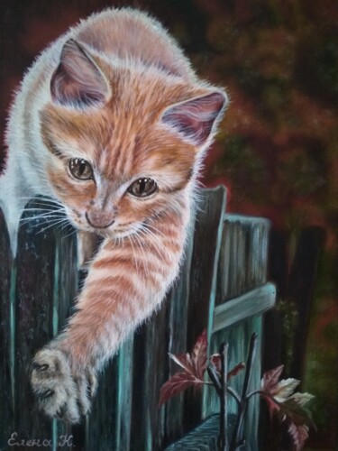 Painting titled "Ginger cat on the f…" by Elena Kozyutenko, Original Artwork, Oil Mounted on Wood Stretcher frame