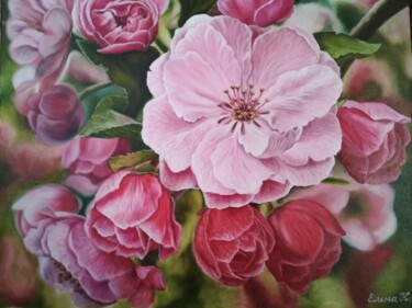 Painting titled "Blooming pink branch" by Elena Kozyutenko, Original Artwork, Oil