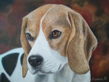 Painting titled "Beagle" by Elena Kozyutenko, Original Artwork, Oil Mounted on Wood Stretcher frame