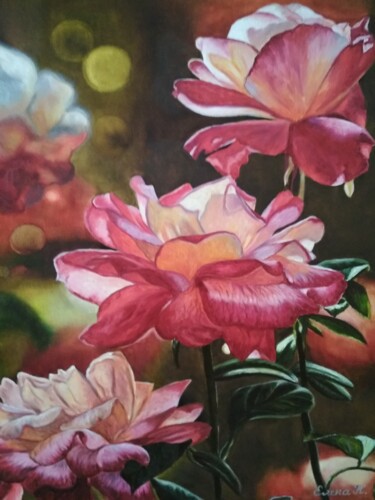 Painting titled "Red flowers at suns…" by Elena Kozyutenko, Original Artwork, Oil