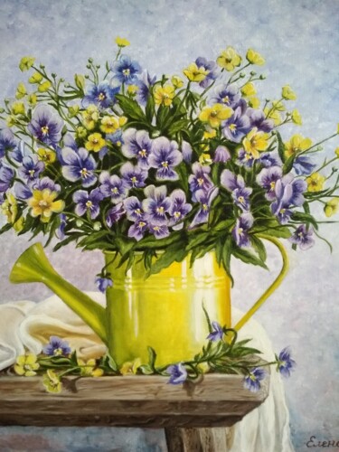 Painting titled "Pansies in a yellow…" by Elena Kozyutenko, Original Artwork, Oil