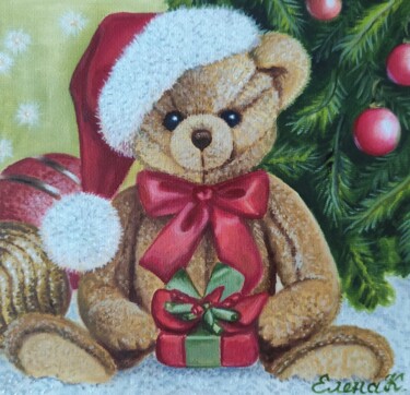 Painting titled "Christmas teddy bear" by Elena Kozyutenko, Original Artwork, Oil Mounted on Wood Stretcher frame