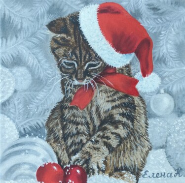 Painting titled "New year cat" by Elena Kozyutenko, Original Artwork, Oil Mounted on Wood Stretcher frame