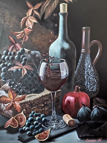 Painting titled "Wine still life wit…" by Elena Kozyutenko, Original Artwork, Oil Mounted on Other rigid panel