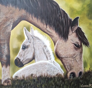 Schilderij getiteld "Horse and foal" door Elena Kozyutenko, Origineel Kunstwerk, Olie Gemonteerd op Frame voor houten branca…