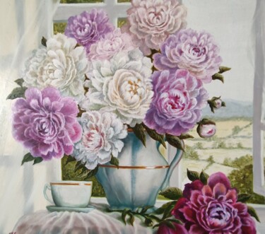 Painting titled "Bouquet of peonies…" by Elena Kozyutenko, Original Artwork, Oil