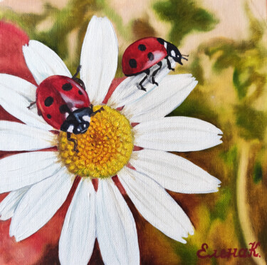 Malerei mit dem Titel "Ladybugs on chamomi…" von Elena Kozyutenko, Original-Kunstwerk, Öl Auf Karton montiert