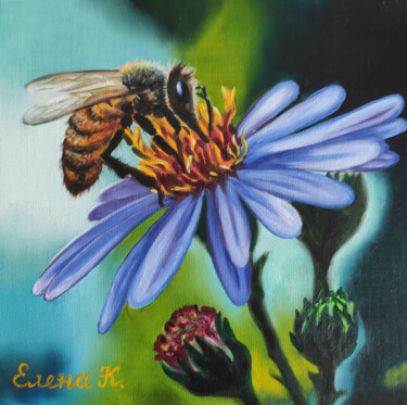 Painting titled "Bee on a lilac flow…" by Elena Kozyutenko, Original Artwork, Oil Mounted on Cardboard