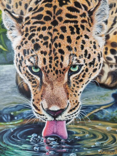 Painting titled "Leopard by the water" by Elena Kozyutenko, Original Artwork, Oil Mounted on Wood Stretcher frame
