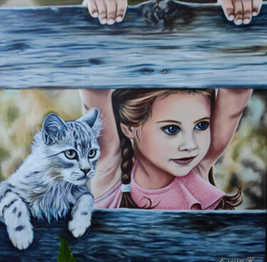 Painting titled "Girl and cat" by Elena Kozyutenko, Original Artwork, Oil Mounted on Wood Stretcher frame