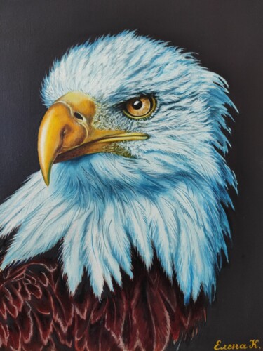 Painting titled "White eagle" by Elena Kozyutenko, Original Artwork, Oil Mounted on Wood Stretcher frame