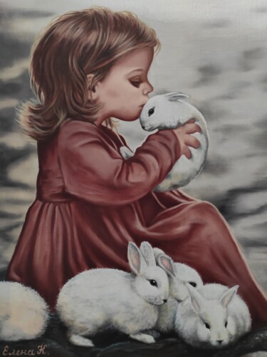 Malerei mit dem Titel "Girl with white rab…" von Elena Kozyutenko, Original-Kunstwerk, Öl Auf Karton montiert