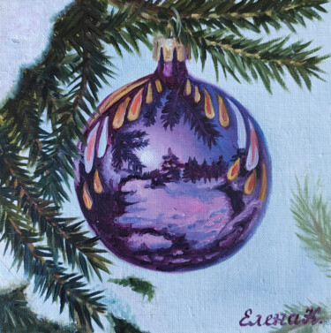 Painting titled "New year purple ball" by Elena Kozyutenko, Original Artwork, Oil Mounted on Cardboard