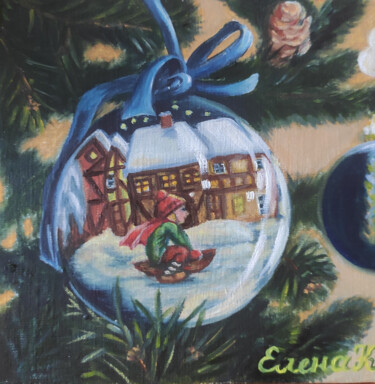 Painting titled "Christmas ball" by Elena Kozyutenko, Original Artwork, Oil Mounted on Cardboard