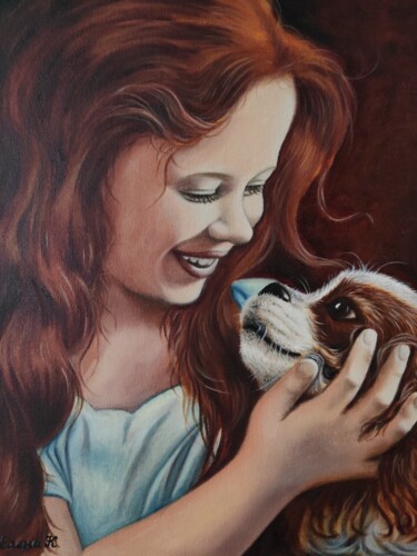 Картина под названием "Girl with dog" - Elena Kozyutenko, Подлинное произведение искусства, Масло Установлен на картон