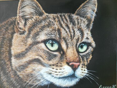 Painting titled "Cat with green eyes" by Elena Kozyutenko, Original Artwork, Oil Mounted on Wood Stretcher frame