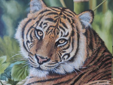 Painting titled "Malay tiger" by Elena Kozyutenko, Original Artwork, Oil Mounted on Wood Stretcher frame