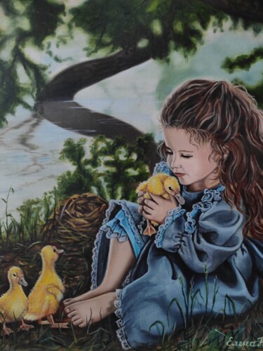 Painting titled "Girl with ducklings" by Elena Kozyutenko, Original Artwork, Oil Mounted on Cardboard