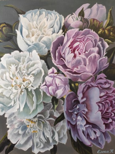 Painting titled "Delicate peony scent" by Elena Kozyutenko, Original Artwork, Oil Mounted on Other rigid panel