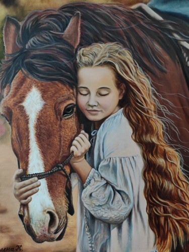 Schilderij getiteld "Girl with a horse" door Elena Kozyutenko, Origineel Kunstwerk, Olie Gemonteerd op Frame voor houten bra…
