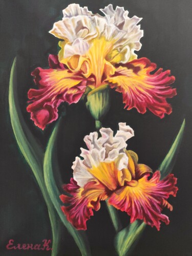 Painting titled "Irises" by Elena Kozyutenko, Original Artwork, Oil Mounted on Wood Stretcher frame