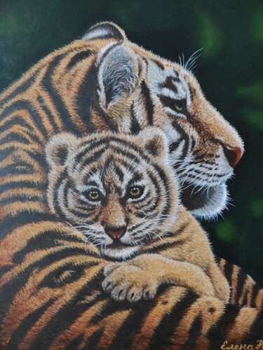 Painting titled "Tigers" by Elena Kozyutenko, Original Artwork, Oil Mounted on Cardboard