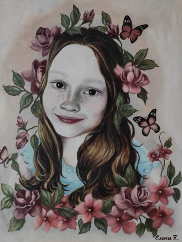 Peinture intitulée "Portrait of a girl.…" par Elena Kozyutenko, Œuvre d'art originale, Huile Monté sur Châssis en bois