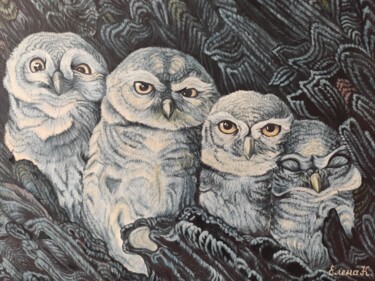 Painting titled "Оwls" by Elena Kozyutenko, Original Artwork, Oil Mounted on Wood Stretcher frame