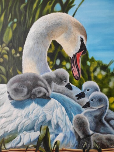 绘画 标题为“Swans” 由Elena Kozyutenko, 原创艺术品, 油 安装在木质担架架上