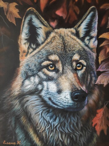 Painting titled "Wolf" by Elena Kozyutenko, Original Artwork, Oil Mounted on Wood Stretcher frame