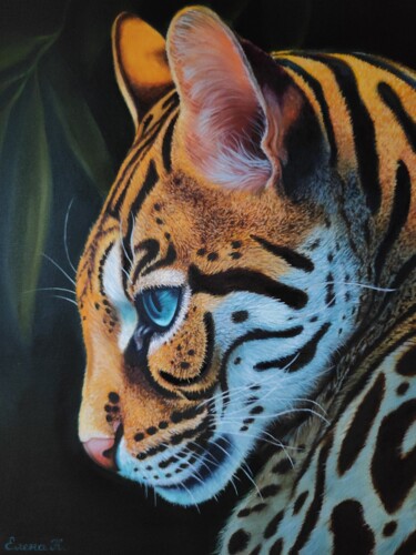 Painting titled "Ocelot" by Elena Kozyutenko, Original Artwork, Oil Mounted on Wood Stretcher frame