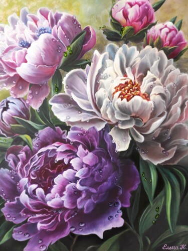 Painting titled "Flower mood" by Elena Kozyutenko, Original Artwork, Oil Mounted on Wood Stretcher frame