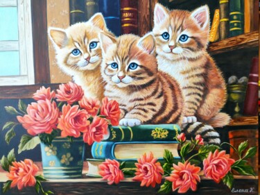 Painting titled "Kittens in the libr…" by Elena Kozyutenko, Original Artwork, Oil