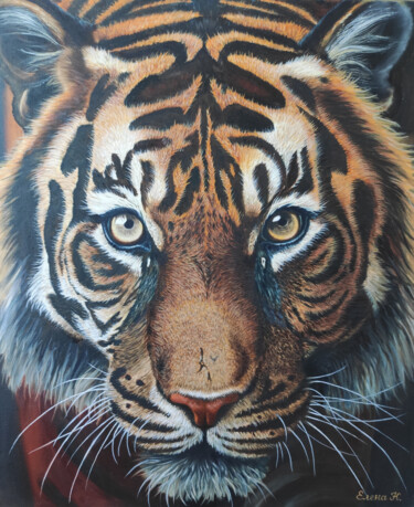 Painting titled "Tiger look" by Elena Kozyutenko, Original Artwork, Oil Mounted on Wood Stretcher frame
