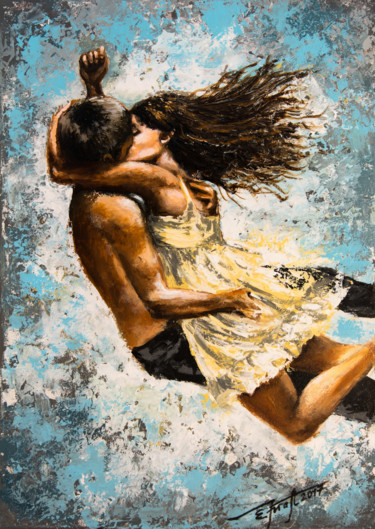 Painting titled ""Gravity of Love"50…" by Elena Kraft, Original Artwork, Acrylic Mounted on Wood Stretcher frame