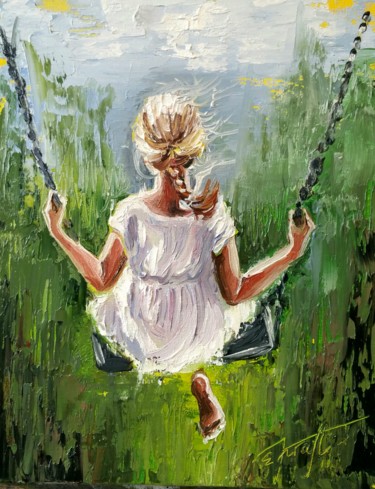 Painting titled ""Summer  swing "18×…" by Elena Kraft, Original Artwork, Oil